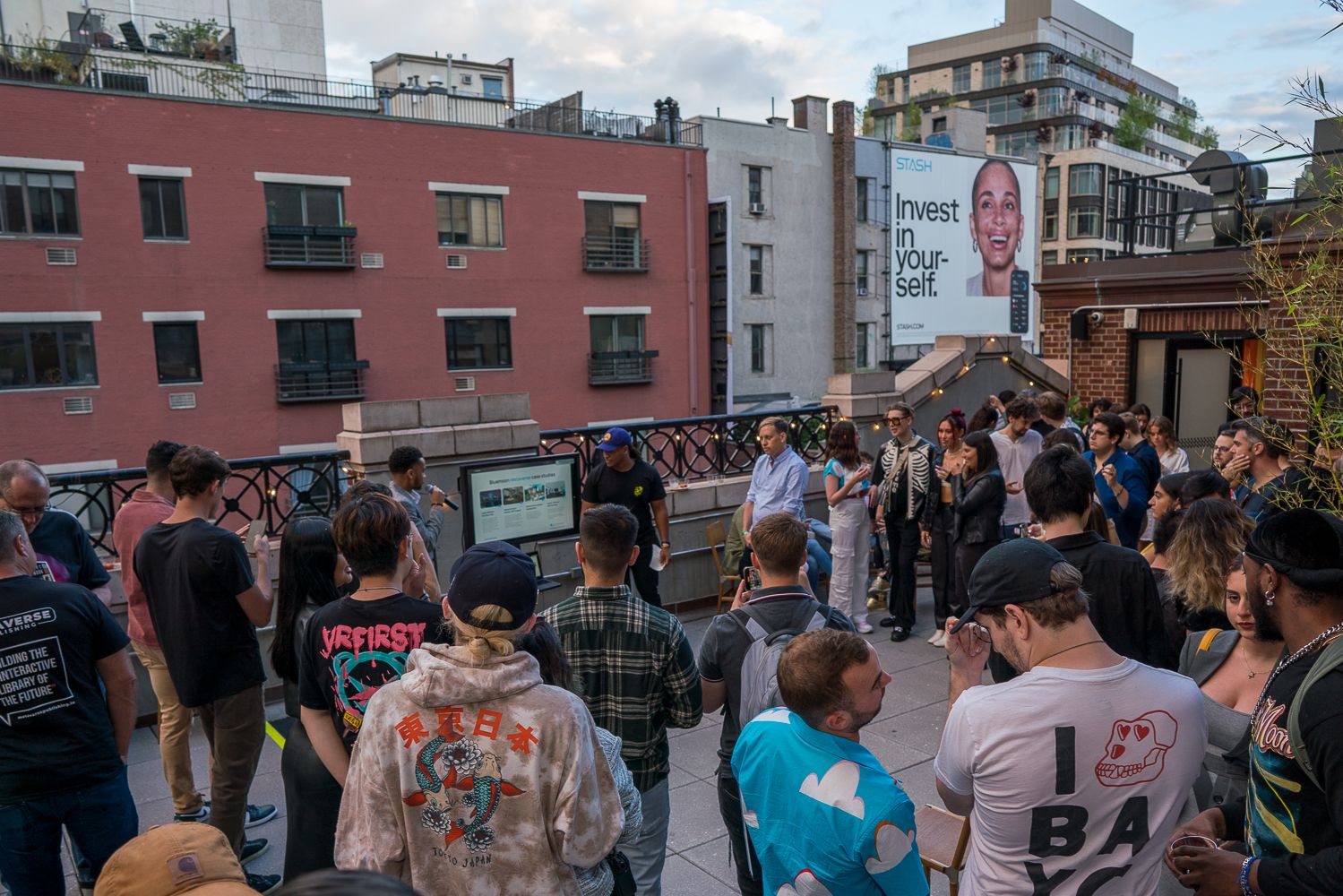 Rooftop crowd gathered for a Creator Nations talk in New York.