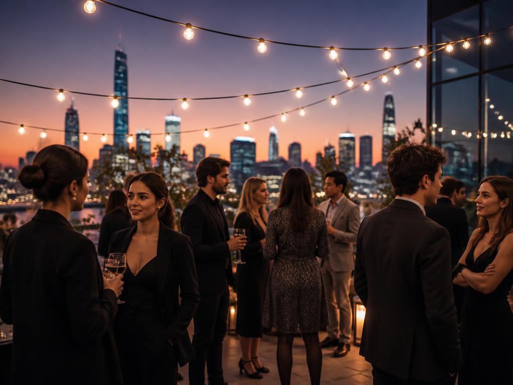 A sophisticated rooftop gathering with city skyline and string lights.