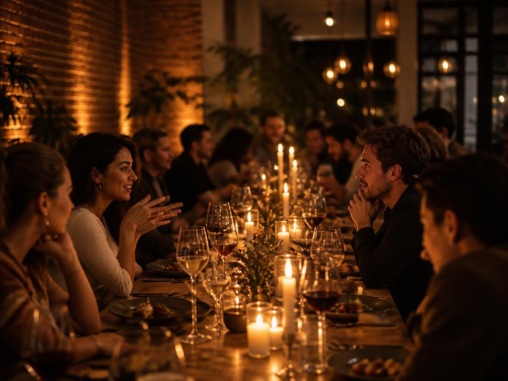 An intimate candlelit dinner with creators and founders around a long table.
